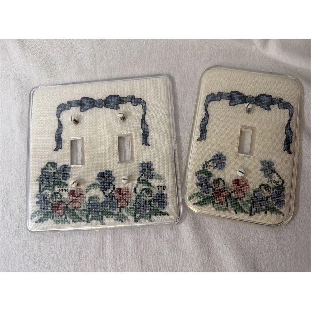 Set of 2 Vintage Needlepoint Switch Plate Covers Blue Flowers Handmade 1998
